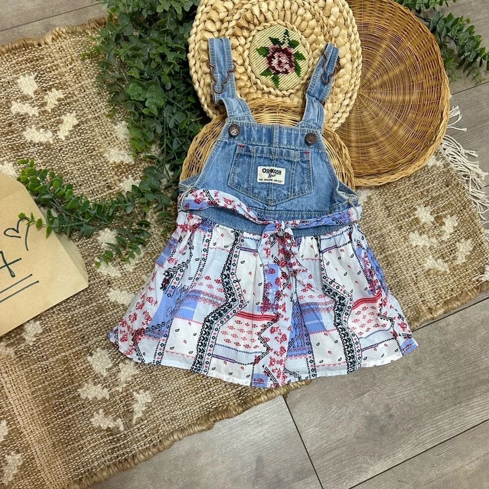 OshKosh B'gosh Red White Blue Denim Bandana Patchwork Overalls Dress Baby Girl